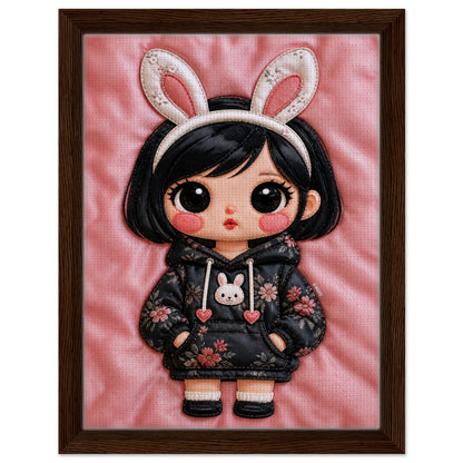 Bunny Bloom Kawaii Quilted-Style Framed Canvas