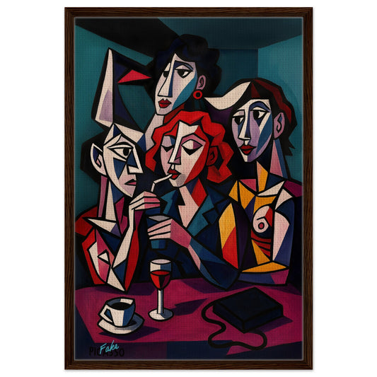 Women at the bar cubist artwork, framed canvas with dark wood frame, vertical portrait with bold geometric colors.