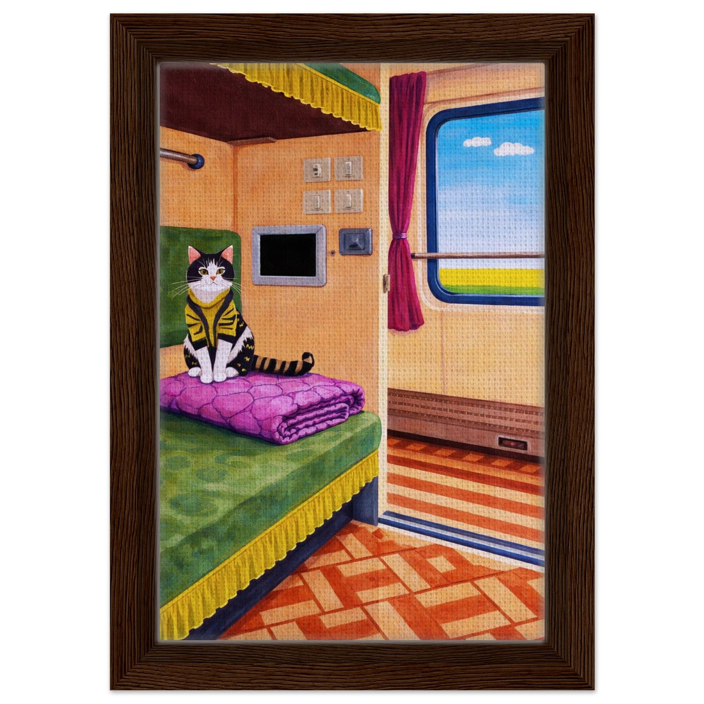 Cat on Train Framed Canvas Retro-Whimsical - Mid-Century Style