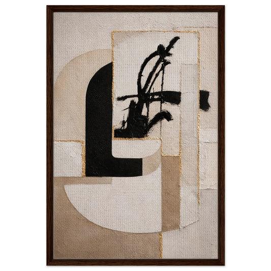 Minimalist earth-and-ink framed canvas: beige geometric blocks, bold black Sumi-e stroke, fine gold lines, black wood frame.
