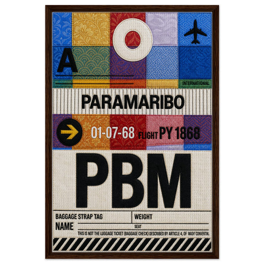 Paramaribo PBM airport code framed canvas, quilt-inspired baggage tag typography in dark wood frame