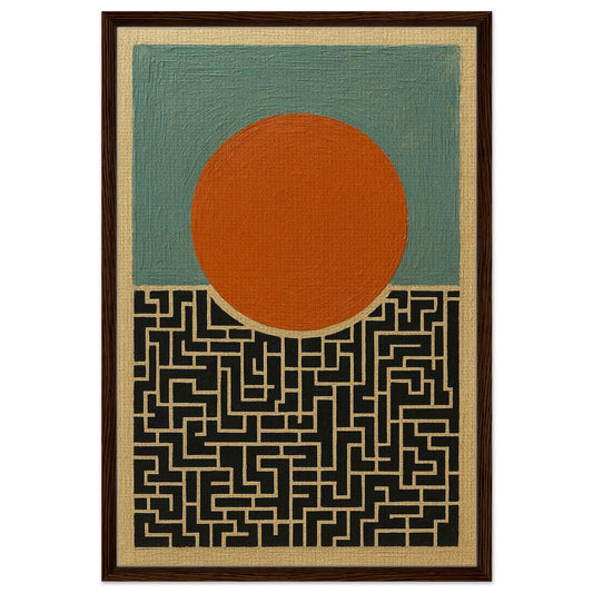 Geometric rising labyrinth framed canvas, orange sun above black maze on turquoise, slim black wood frame