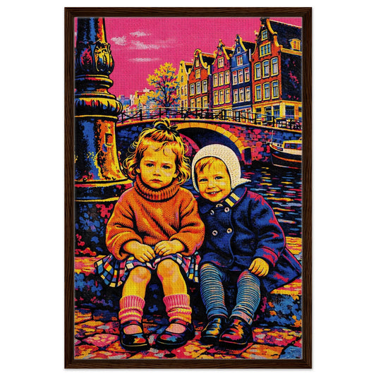 Canal-Side Companions framed canvas of two children by Amsterdam canal with gabled houses, bridge, and dark wood frame