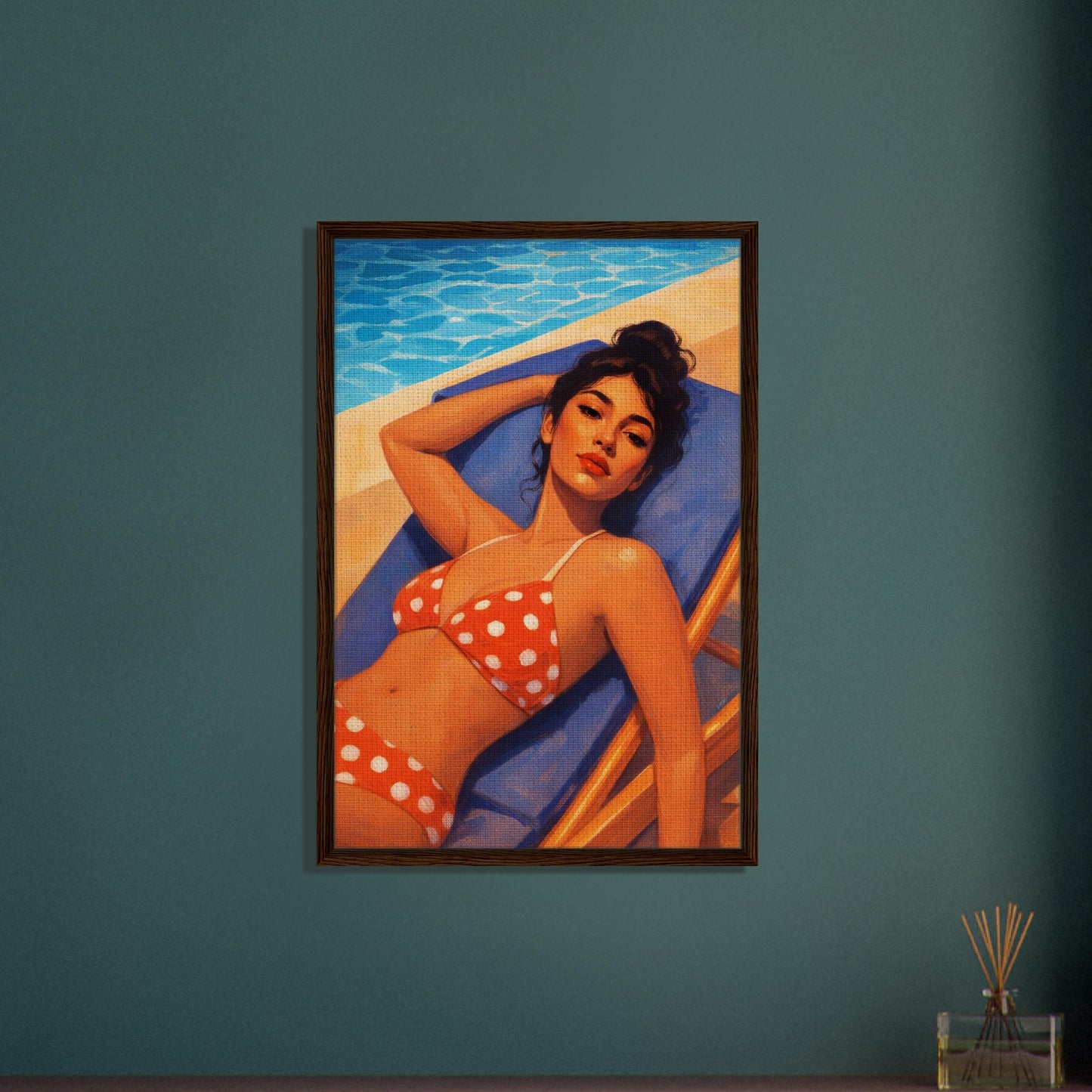 Poolside Muse Retro-Illustrative Framed Canvas - Pin-Up Style