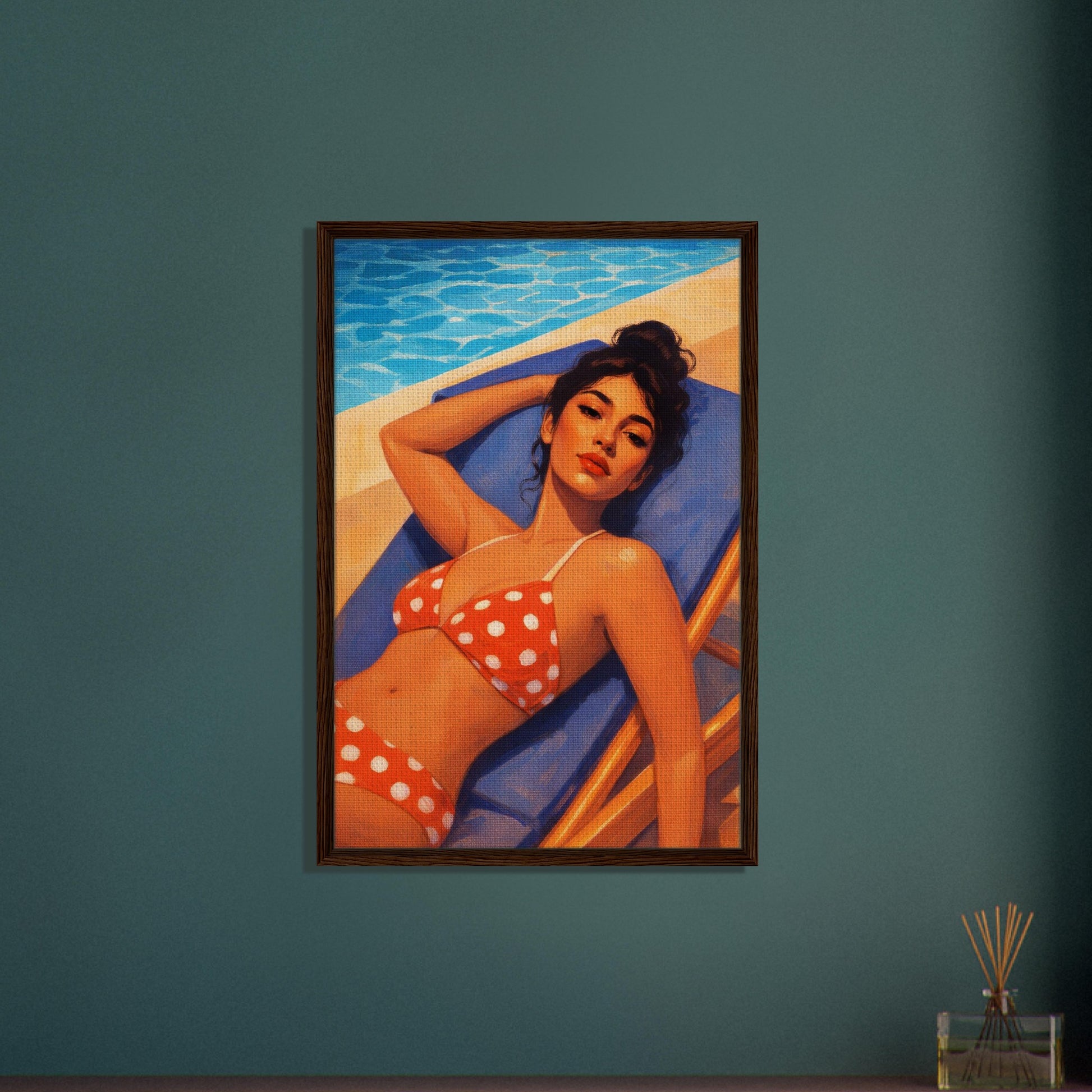 Poolside Muse Retro-Illustrative Framed Canvas - Pin-Up Style