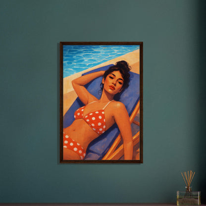 Poolside Muse Retro-Illustrative Framed Canvas - Pin-Up Style