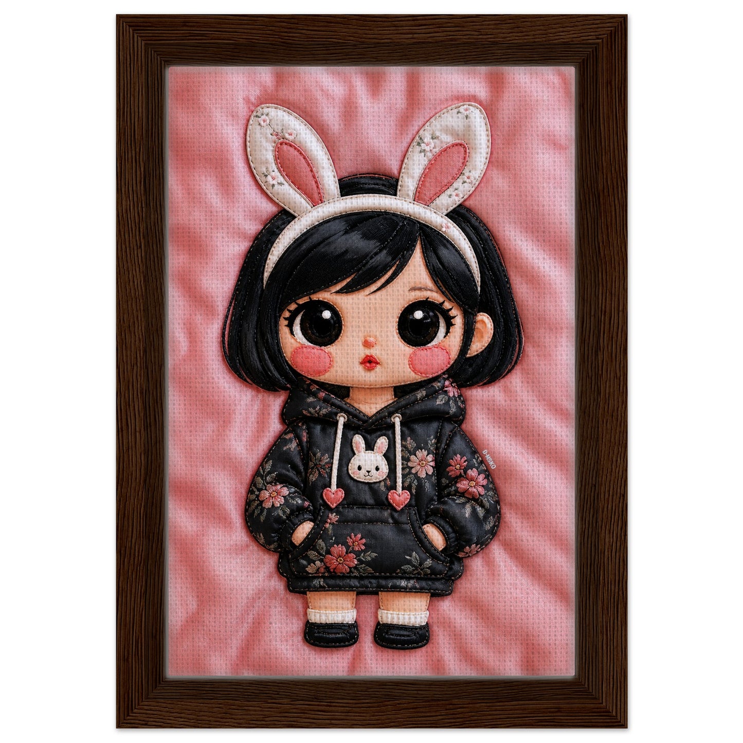 Bunny Bloom Kawaii Quilted-Style Framed Canvas