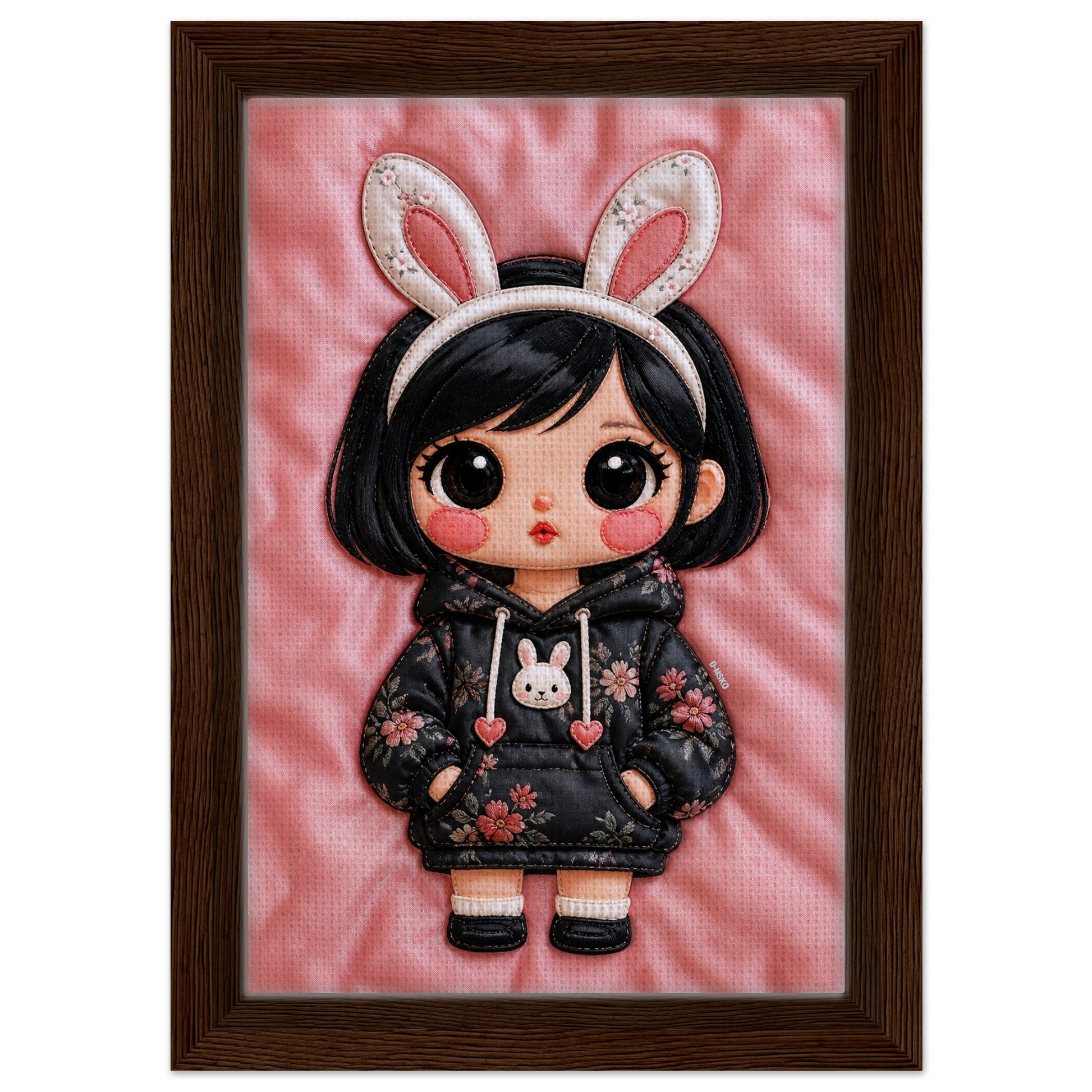 Bunny Bloom Kawaii Quilted-Style Framed Canvas