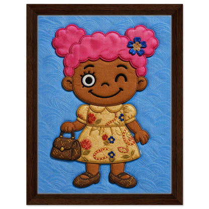 Pink Pigtails Framed Canvas Quilted-Style Kawaii-Style - Pop Art
