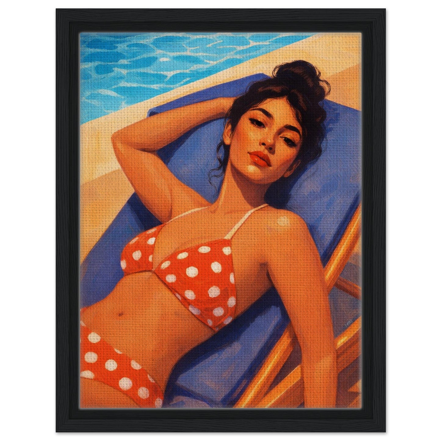 Poolside Muse Retro-Illustrative Framed Canvas - Pin-Up Style