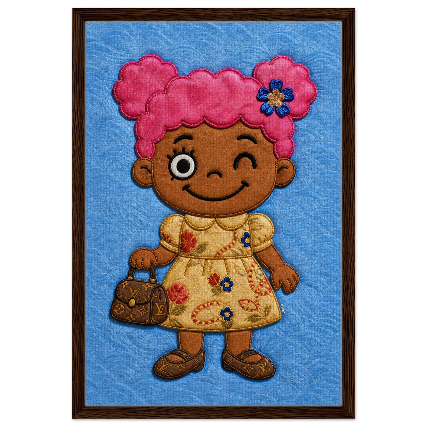 Pink Pigtails Framed Canvas Quilted-Style Kawaii-Style - Pop Art