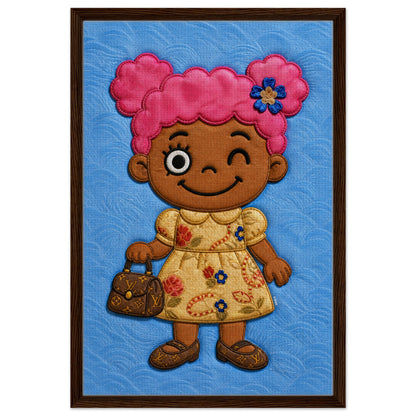 Pink Pigtails Framed Canvas Quilted-Style Kawaii-Style - Pop Art
