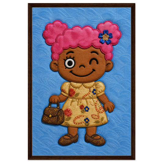 Pop art framed canvas of a kawaii fashion doll with pink pigtails, quilted look, dark wood frame, vertical orientation