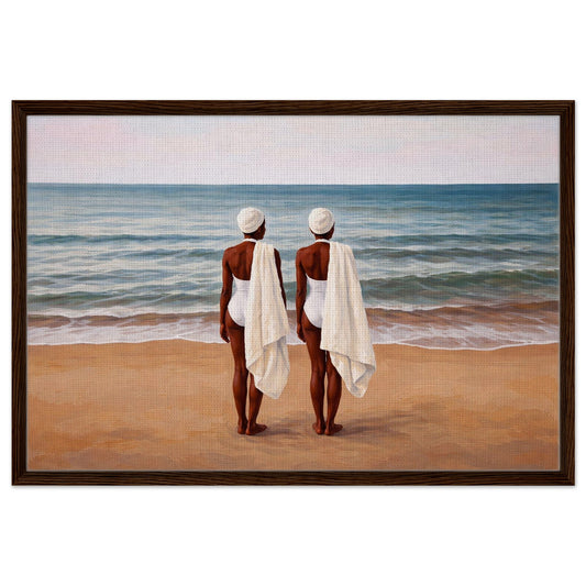 Together Quietly minimalist framed canvas of two women at the shoreline in soft neutral blues, dark wood frame