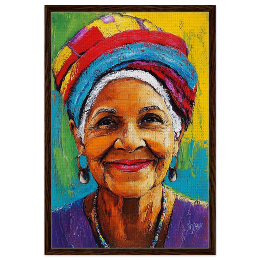 Fauvist radiant smile framed canvas portrait of an elder woman in colorful headwrap, impasto-textured, black wood frame