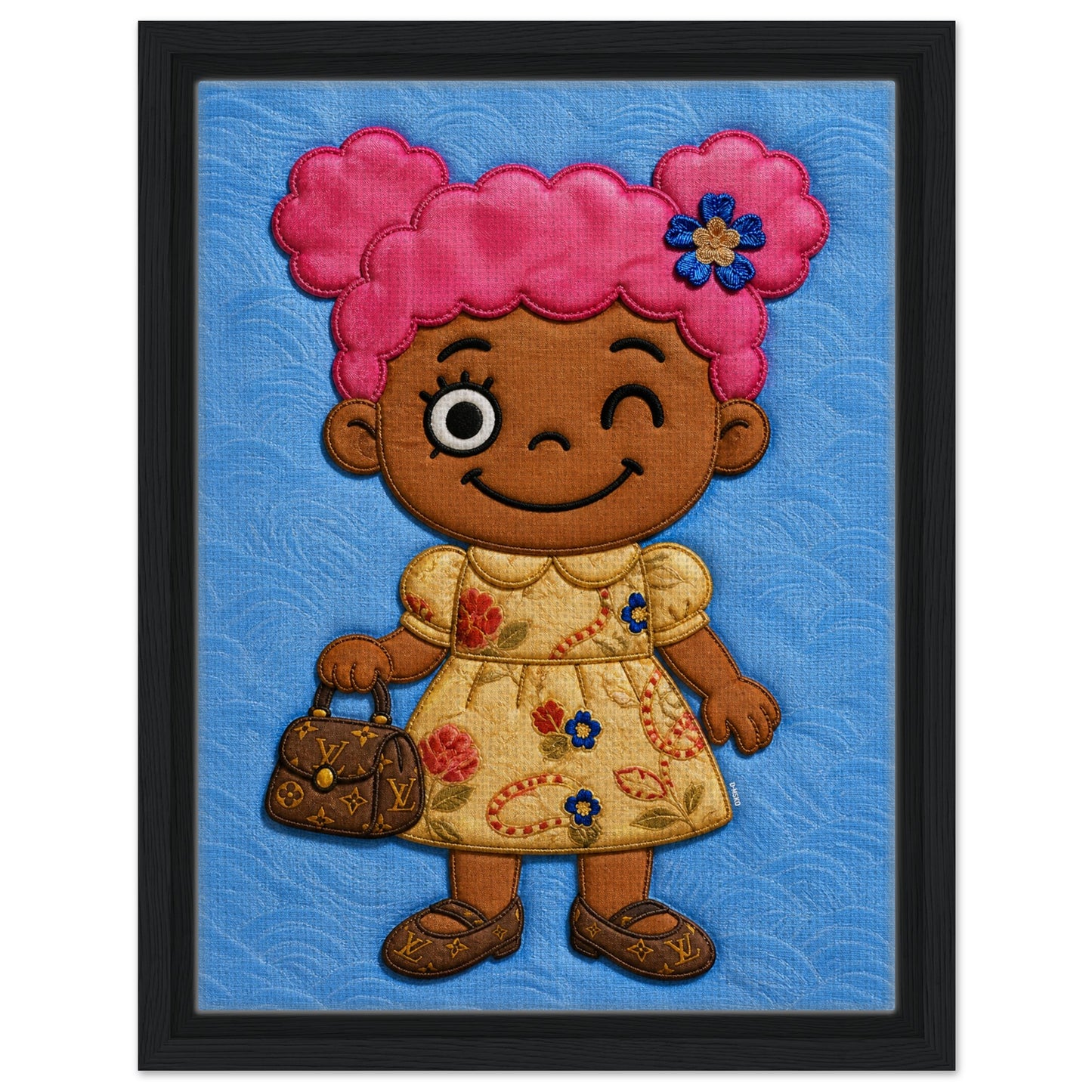Pink Pigtails Framed Canvas Quilted-Style Kawaii-Style - Pop Art