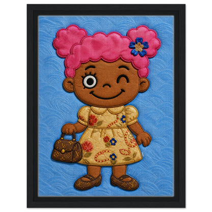 Pink Pigtails Framed Canvas Quilted-Style Kawaii-Style - Pop Art