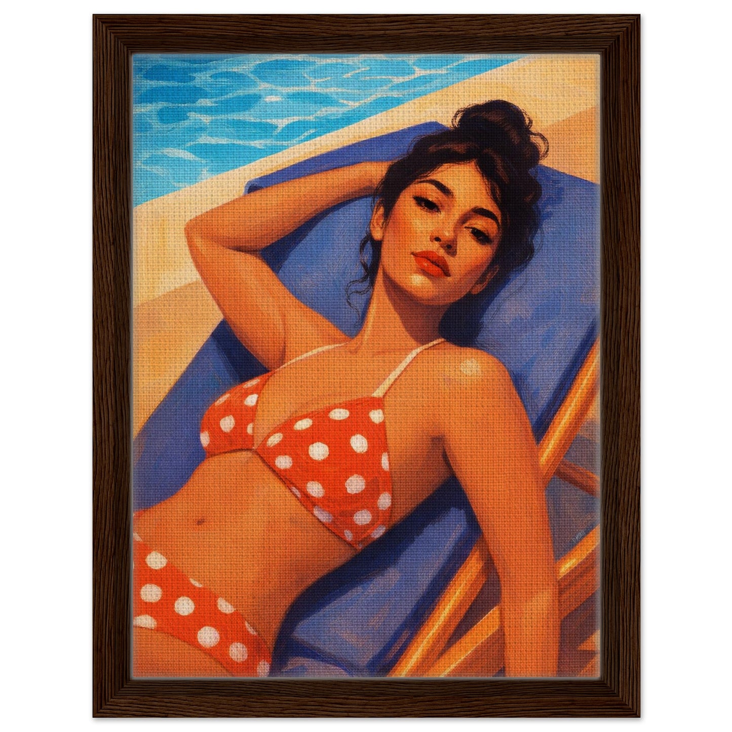 Poolside Muse Retro-Illustrative Framed Canvas - Pin-Up Style