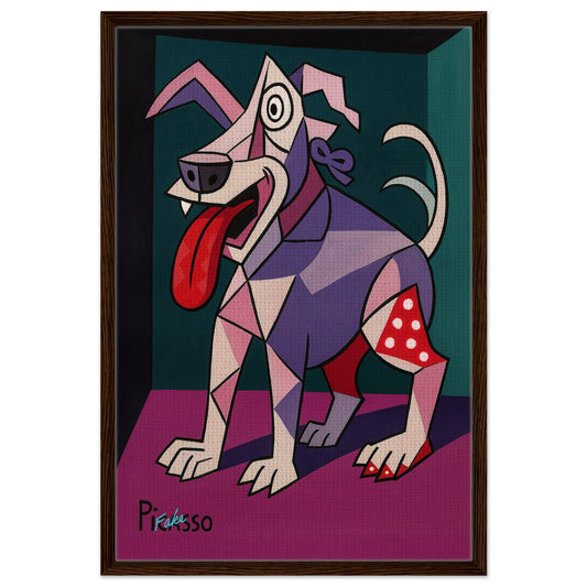 Cubist pup framed canvas in Picasso-style pop art, black wood-look frame, portrait orientation