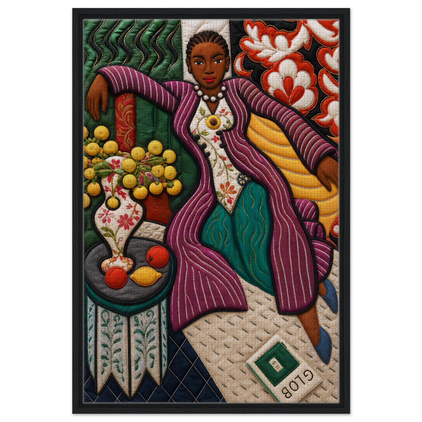 Citrus Lounge Framed Canvas Afrocentric Quilt-Inspired Portrait