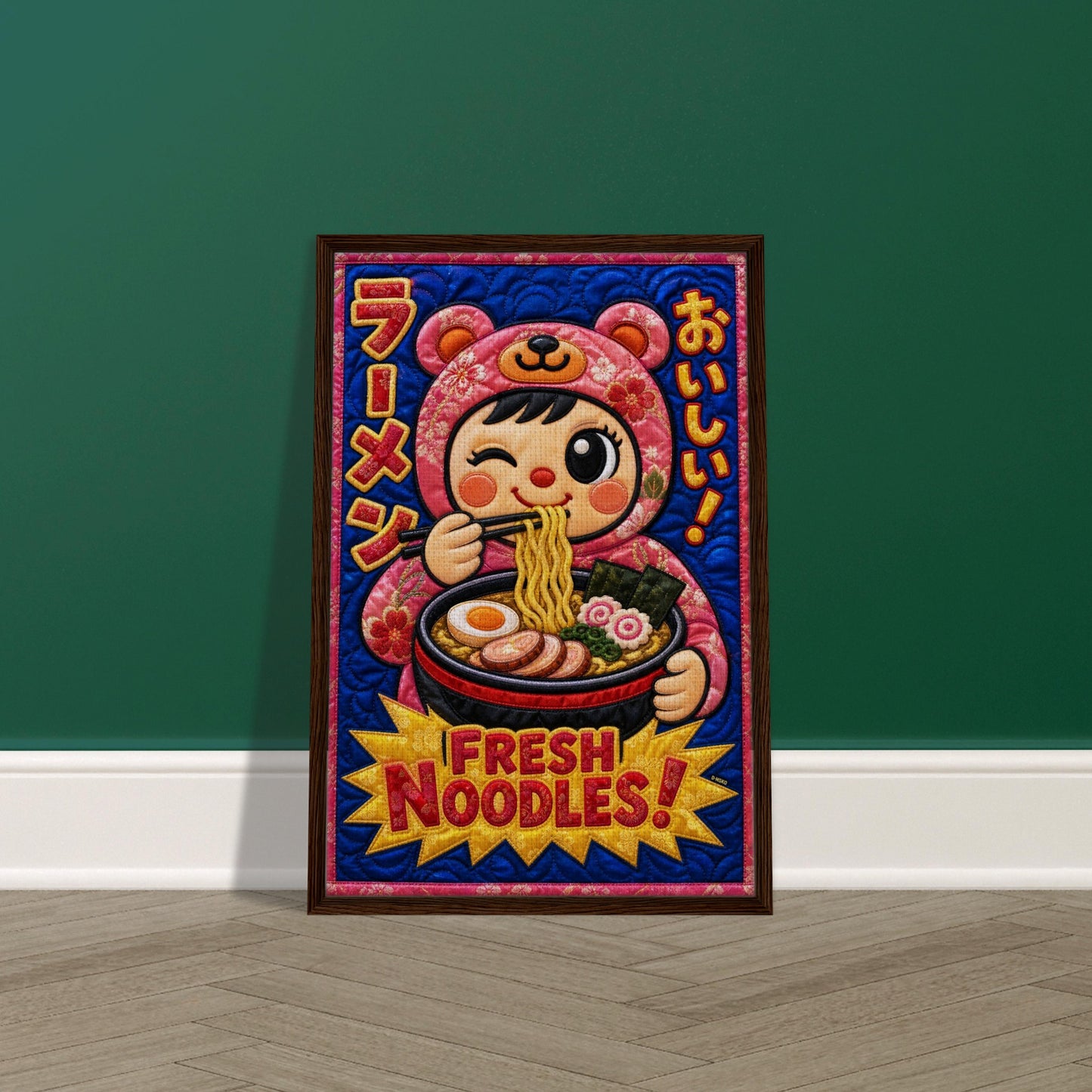 Fresh Noodles Framed Canvas Quilt-Inspired Kawaii-Style