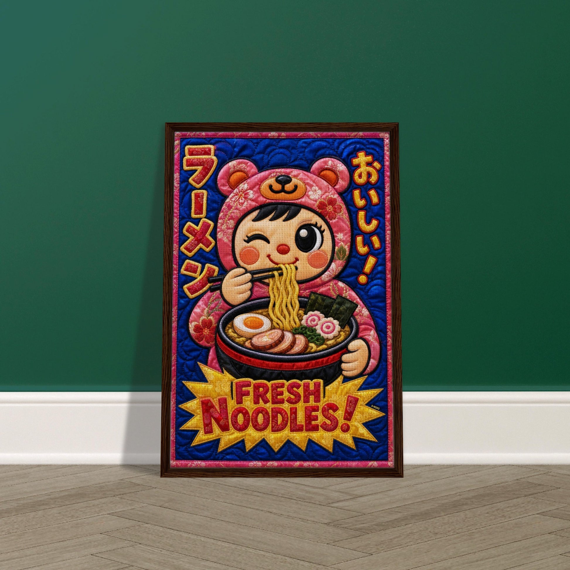 Fresh Noodles Framed Canvas Quilt-Inspired Kawaii-Style