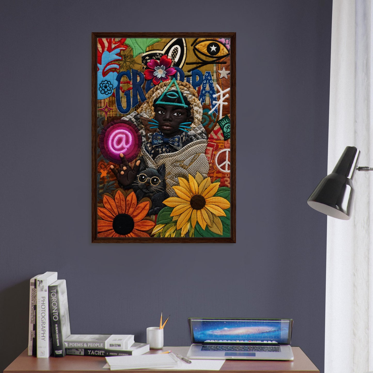 Neon Oracle Black Child Framed Canvas Quilt-Inspired Afrocentric