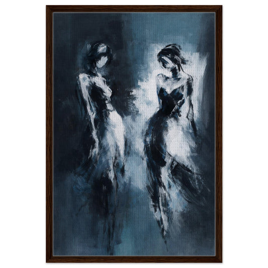 Echoes of Movement framed canvas, dark wood frame, abstract navy-and-white dancers, portrait wall art