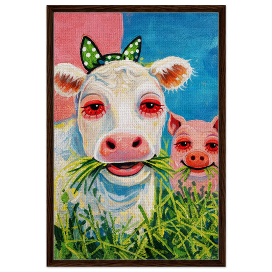 Grass and Giggles framed textured canvas pop art with smiling cow and pig chewing grass, slim dark wood frame
