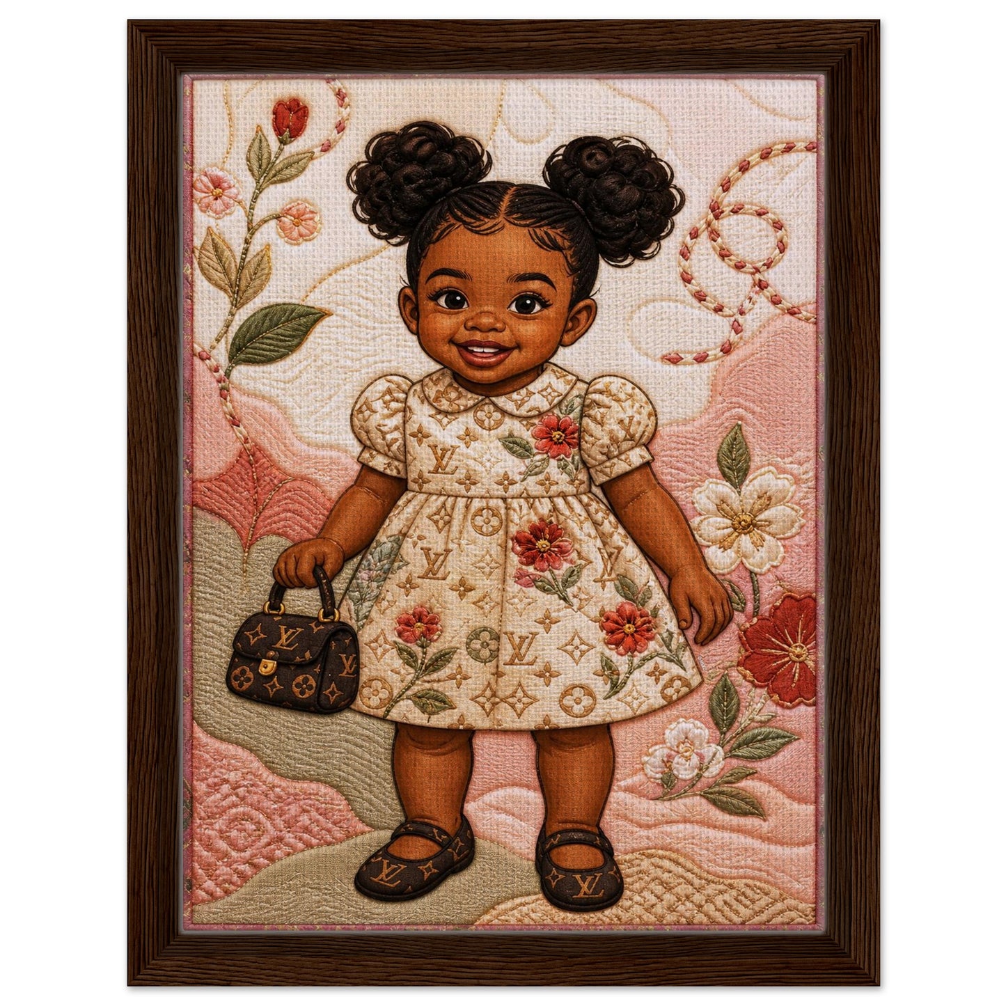 Little Luxe Black Girl Framed Canvas Quilted-Style Textile-Inspired