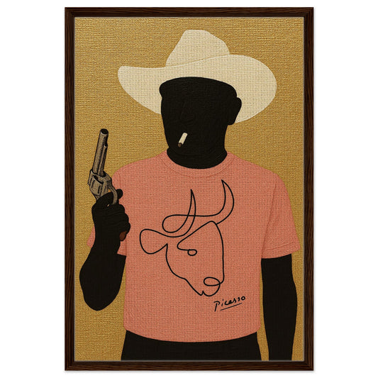 Framed minimalist graphic of a black silhouette figure in a cream cowboy hat, cigarette in mouth, holding a revolver, wearing a pink t-shirt with a black line-art bull and 'Picasso' text, on a textured gold background with a dark brown frame.