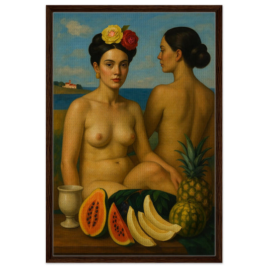 Framed painting in a dark wood frame showing two nude women by the sea, one facing forward with yellow and red flowers in her hair, the other turned away in profile, with a still life of cut papaya, watermelon, bananas, and pineapple in the foreground and a small building on the distant shore.