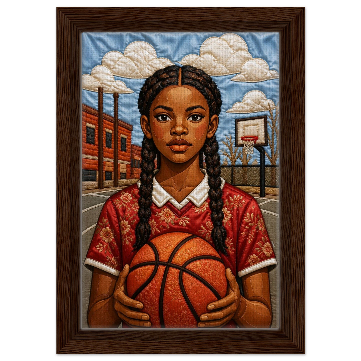 Museum-quality matte poster of quilt-inspired Black girl basketball