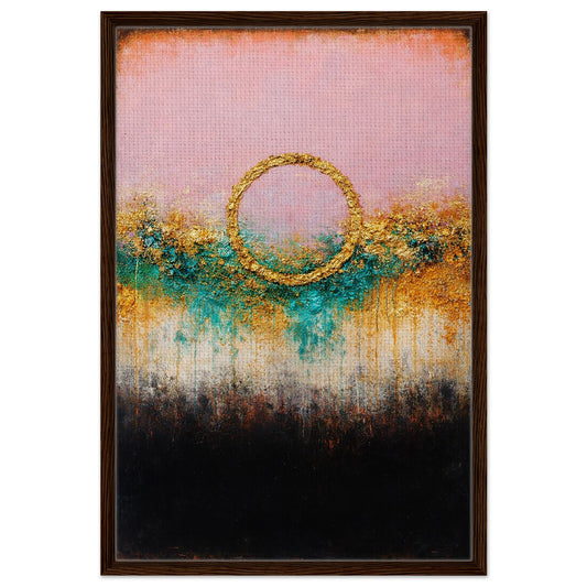 Golden Threshold textured framed canvas with metallic gold circle on pink, turquoise, and black in a dark wood-look frame