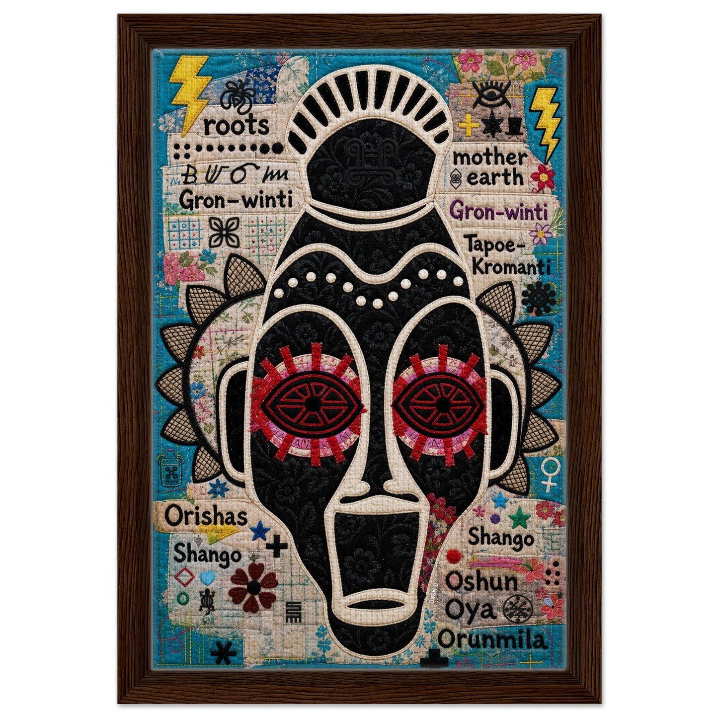 Ancestral Roots Mask Framed Canvas Quilted-Style - Yoruba Orisha Style