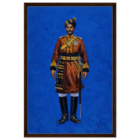 The Sword Bearer framed canvas, black wood frame, military portrait on blue backdrop with medals and ceremonial sword