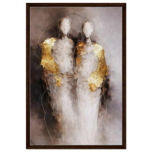 Together, Unspoken framed canvas in portrait, abstract couple with gold-leaf accents in black wood frame, neutral tones.