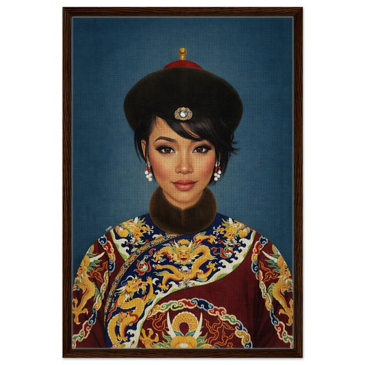 Imperial calm textured framed canvas portrait, deep blue field, Qing Dynasty dragon-robe details, black wood frame
