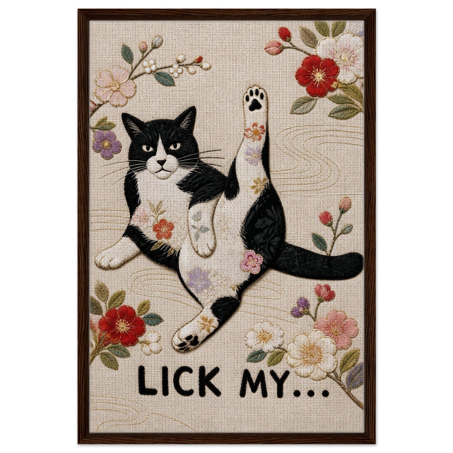 Lick My... framed canvas of a black-and-white cat, embroidered-look florals in Japanese textile style