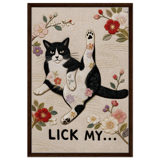 Lick My... framed canvas of a black-and-white cat, embroidered-look florals in Japanese textile style