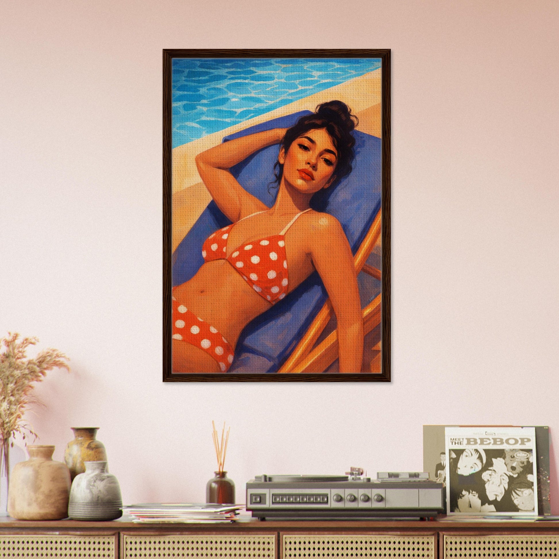 Poolside Muse Retro-Illustrative Framed Canvas - Pin-Up Style
