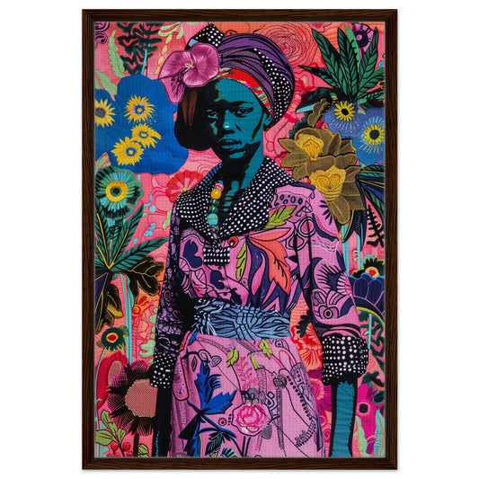 Floral Majesty framed canvas, contemporary portrait over floral textile collage in a dark wood frame
