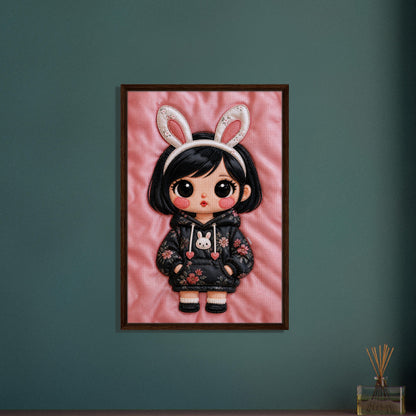 Bunny Bloom Kawaii Quilted-Style Framed Canvas