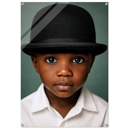 Little Gentleman contemporary art print of a Black boy in a bowler hat, a modern representation for your wall.