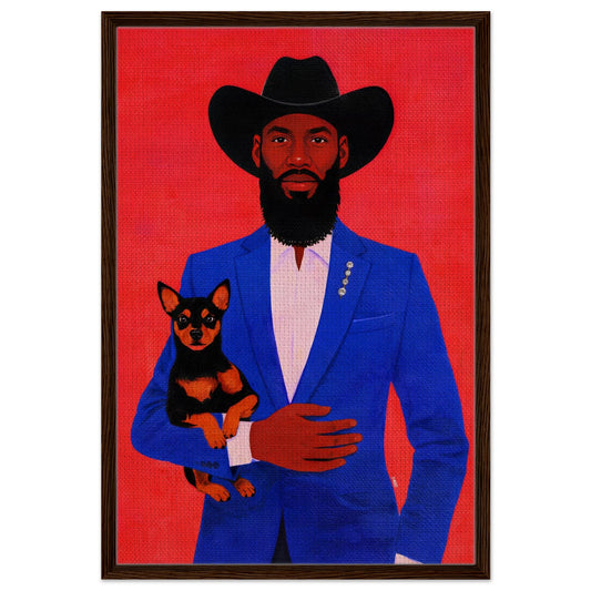 Framed canvas pop art portrait of a gentleman guard in a blue suit holding a dog on a red background, wood frame