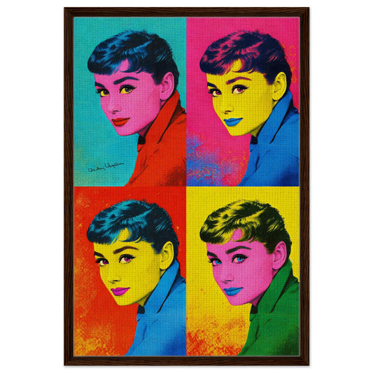 Mid century modern framed canvas, Audrey pop-art portrait in Warhol-style four-panel grid with wood frame