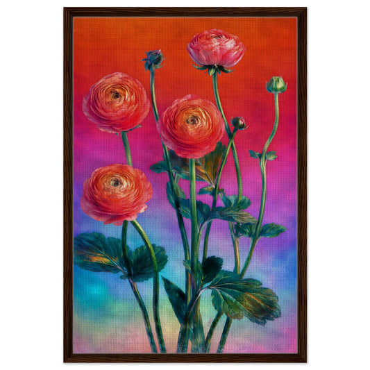 Spring colour floral framed canvas, gallery style; painterly ranunculus, textured canvas, slim black wood frame.