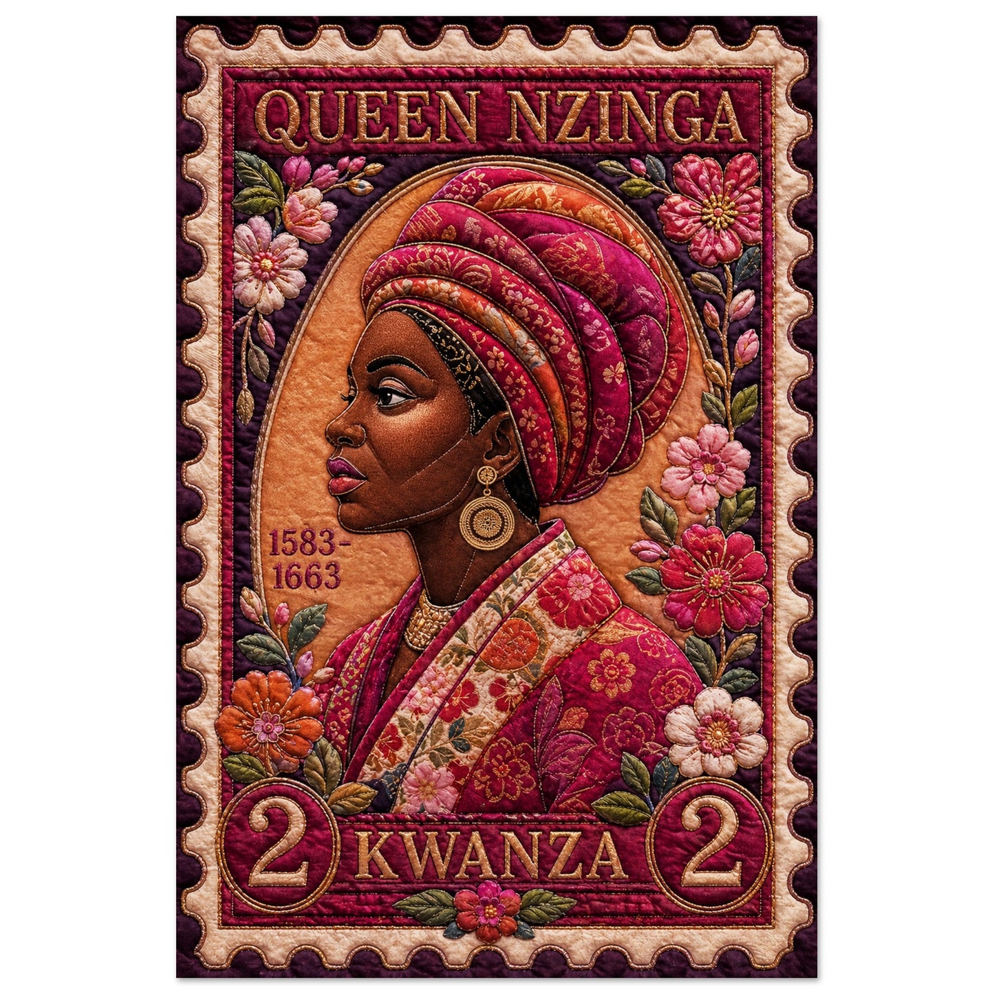Queen Nzinga Quilt-Inspired Matte Paper Poster in Bisa Butler Style