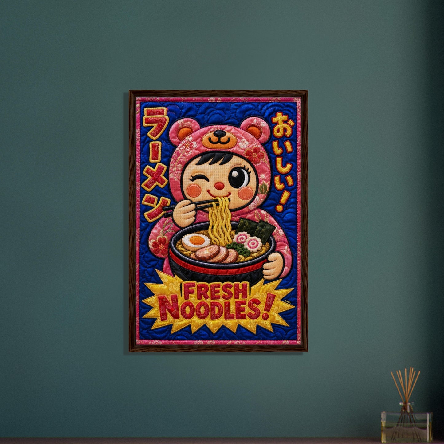 Fresh Noodles Framed Canvas Quilt-Inspired Kawaii-Style