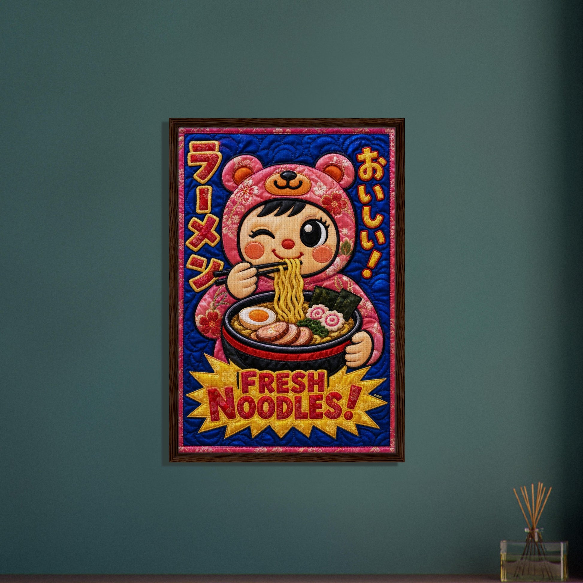 Fresh Noodles Framed Canvas Quilt-Inspired Kawaii-Style
